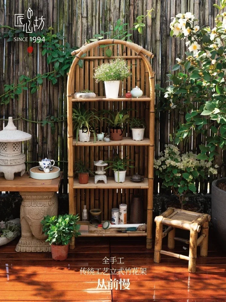A48 Chinese Balcony Landscape Arrangement Vertical Bamboo Flower Stand Garden Succulent Flower Pot Bonsai Shelf