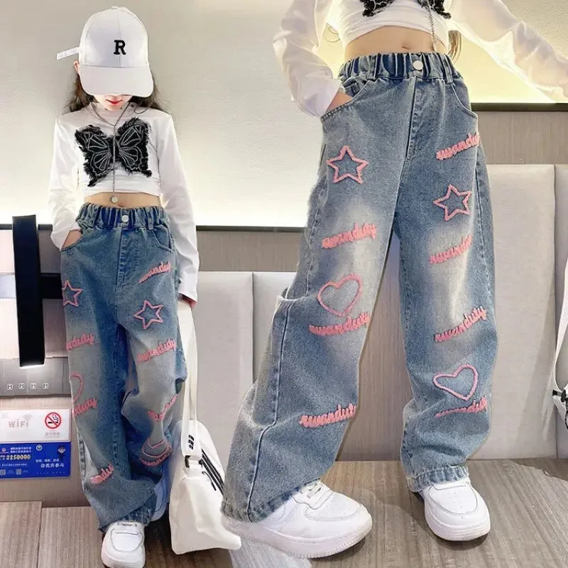New 2024 Spring  Girls Jeans Stars Love Towel Embroidered wide Leg Long pants Baggy Denim Trousers for 4-13yrs Kids Girl