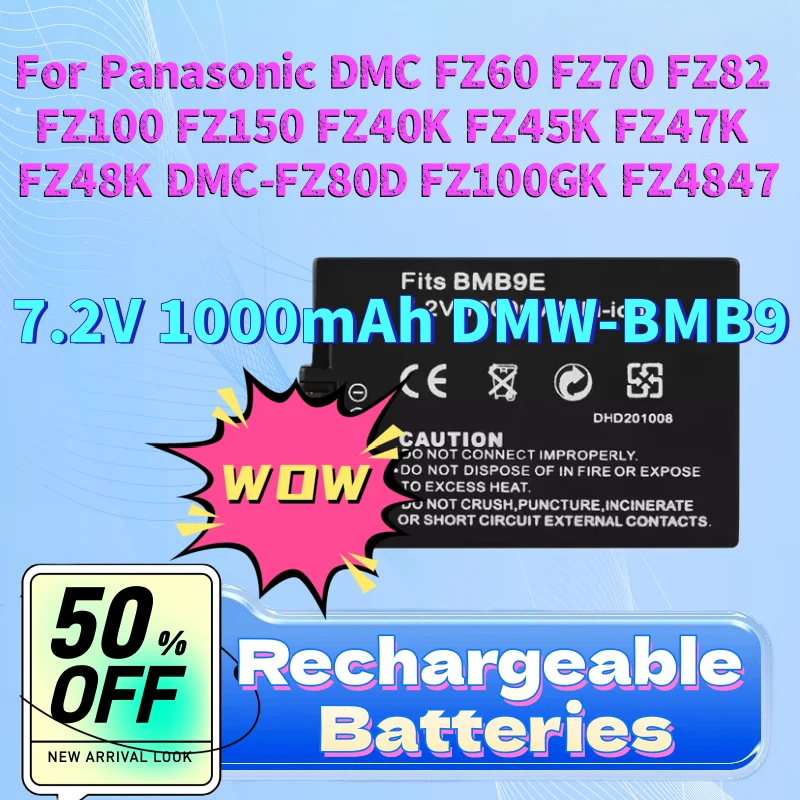 

New Battery 7.2V 1000mAh DMW-BMB9 for Panasonic DMC FZ60 FZ70 FZ82 FZ100 FZ150 FZ40K FZ45K FZ47K FZ48K DMC-FZ80D FZ100GK FZ4847
