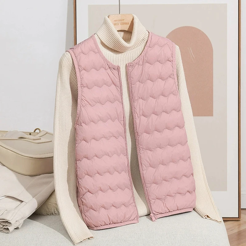 Schinteon 女性の 90% 軽量ホワイトダックダウンベストノーカラー秋冬ライナートップ 2025 新しいノースリーブジャケット