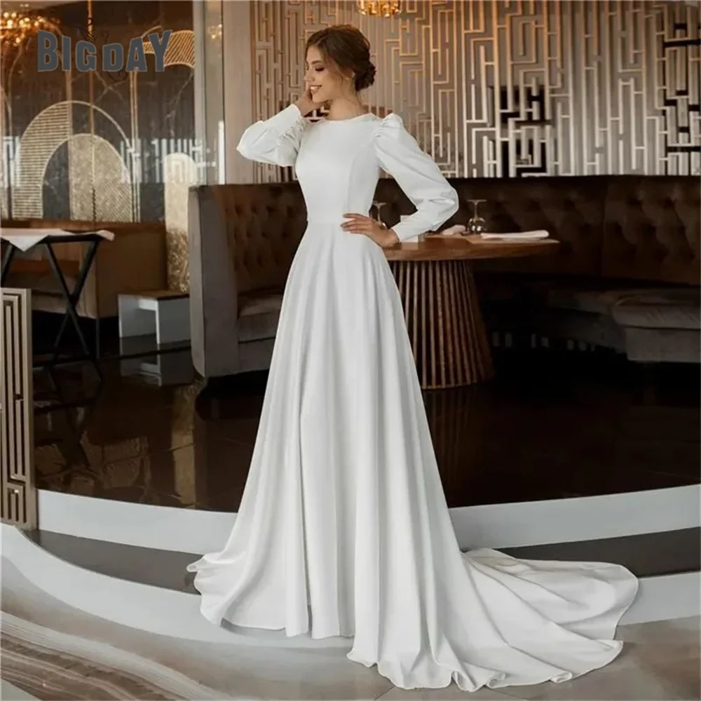 Elegantes A-Linie-Hochzeitskleid mit langen Ärmeln, O-Ausschnitt, Knöpfen, Rückenfalte, Krepp, schlichtes Brautkleid, Zug, Vestidos De Noiva, individuell gestaltet