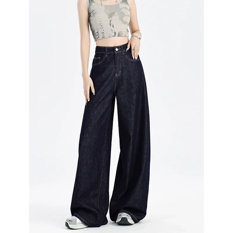 

Pop Pop Deep Blue Wide Leg Denim Jeans Women Loose High Waist Lazy Draping Straight Floor-Length Pants Spring Summer New Arrival
