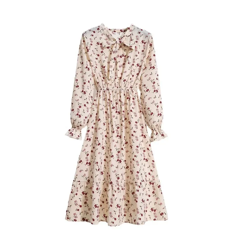 Vestido floral com borda de folha de lótus para mulheres na primavera e no outono, com temperamento que trega na cintura e gravata borboleta como saia base