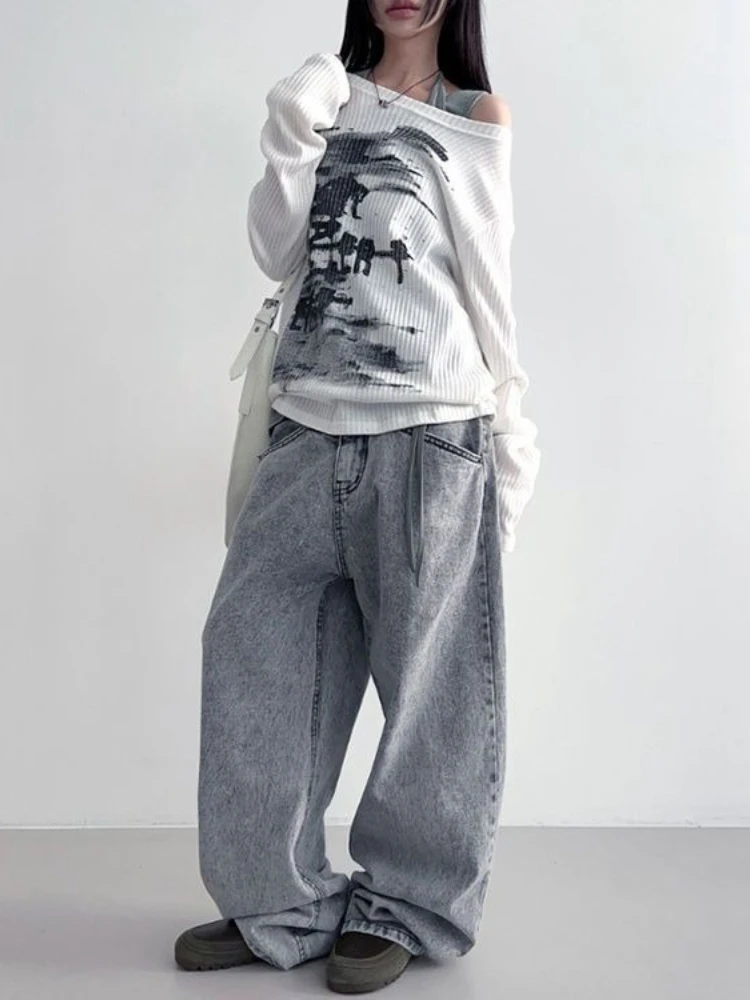 Y2k الأمريكية طويلة الأكمام تي شيرت خمر المرأة عادية غير المتكافئة طوق إلكتروني طباعة القمم مثير Harajuku سليم 2025 الخريف #6