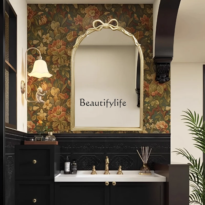 

French engraved light luxury led bathroom mirror premium bow American retro soft decoration mirror