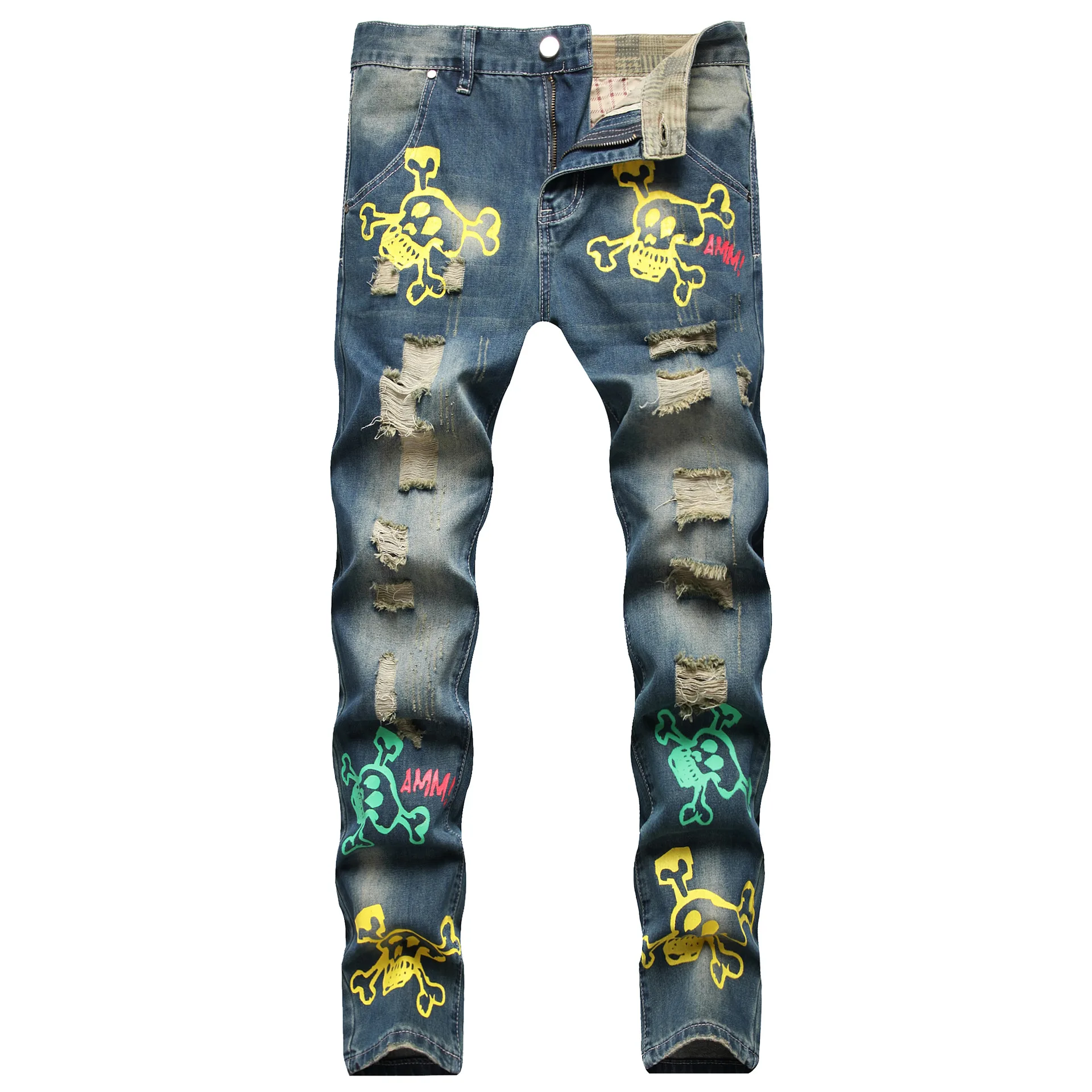 Season new street hole nostalgia color digital print skull small straight leg mid-waist jeans men