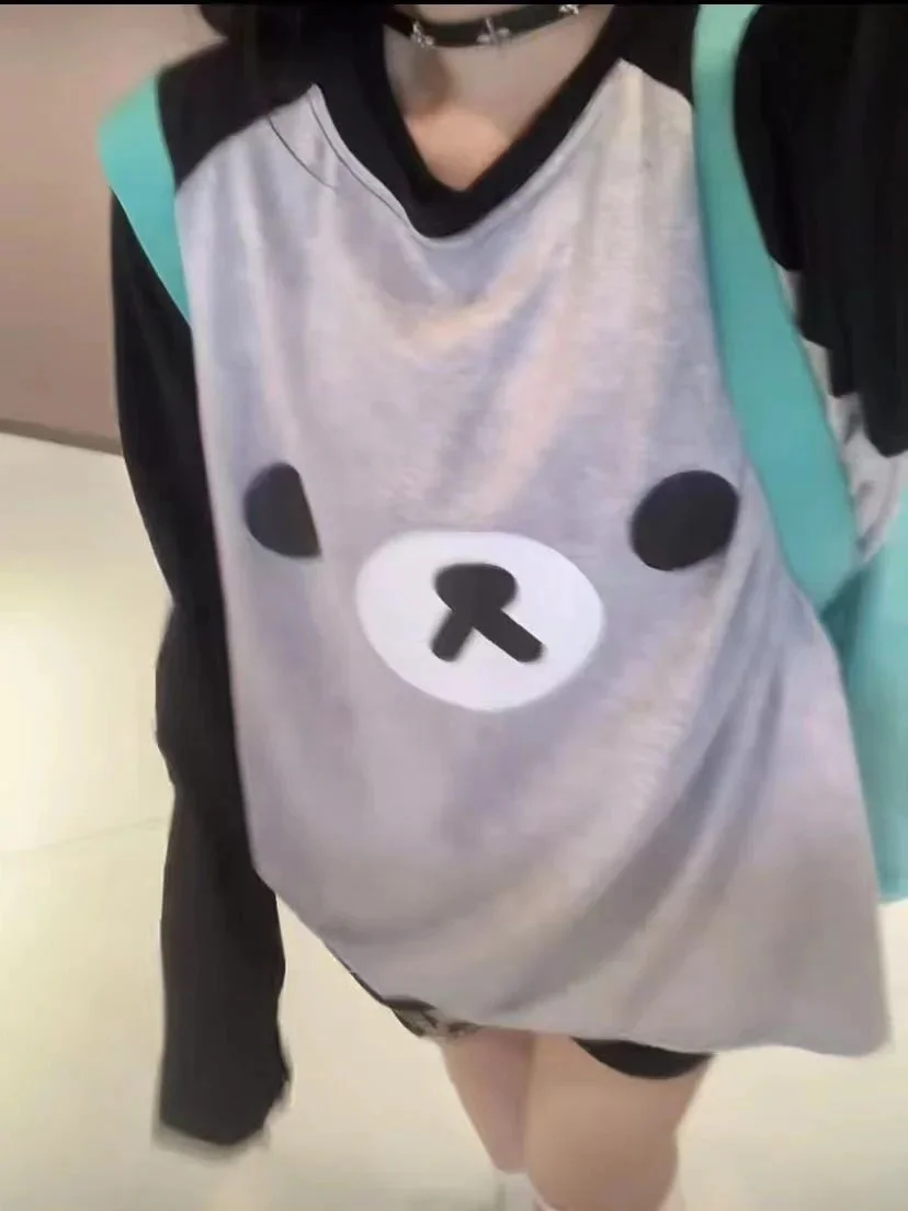

2025 Rilakkuma T-shirt Cute Little Bear Patchwork Top Casual Relaxed T-Shirt Stylish Long Sleeve Round Neck Women's Clothing