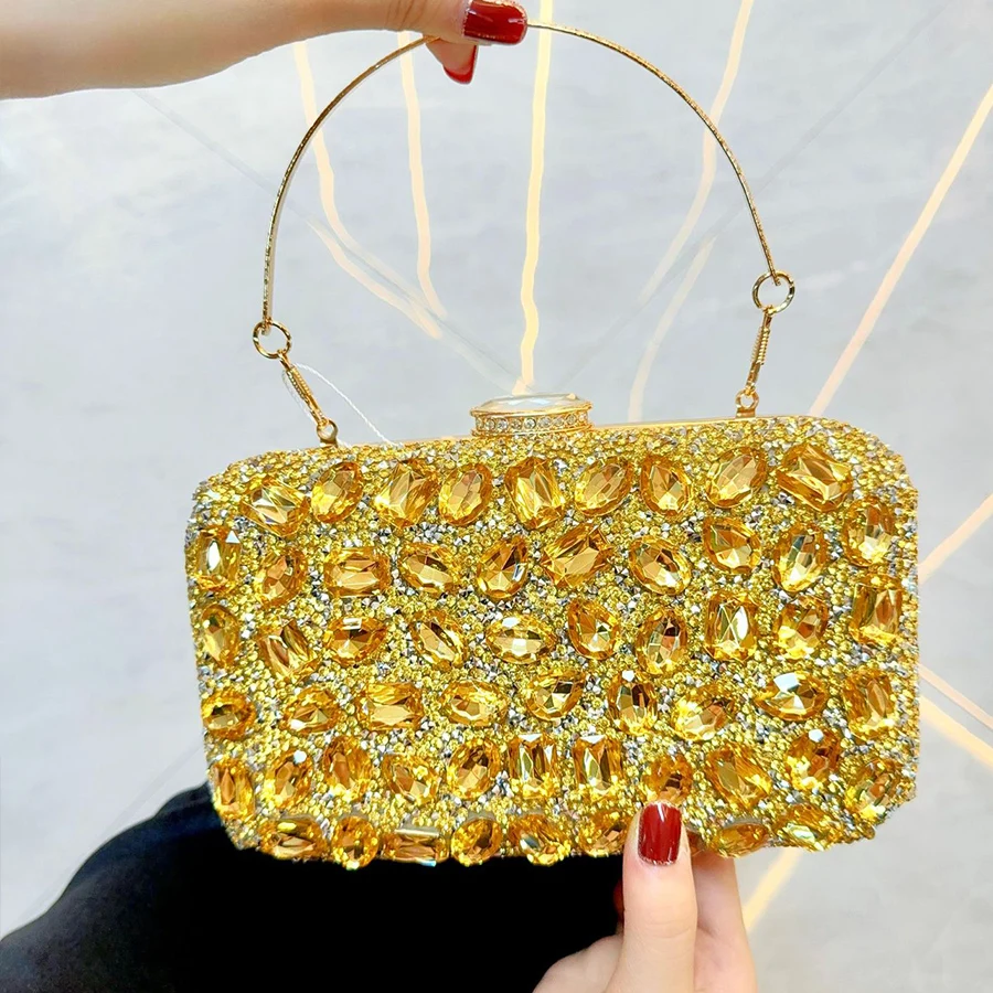 

Full Diamonds Evening Bags Acrylic Crystal Clutch Purse Metal Handle Prom Wedding Party Dinner Handbags Chains Shoulder Bags Sac