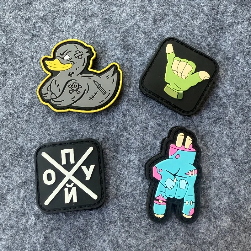 PVC Patches Cartoon Duck Skull Punk Badge Green Hand Gesture Hook and Loop Patches for Jacket Backpack Hat DIY Morale Badge