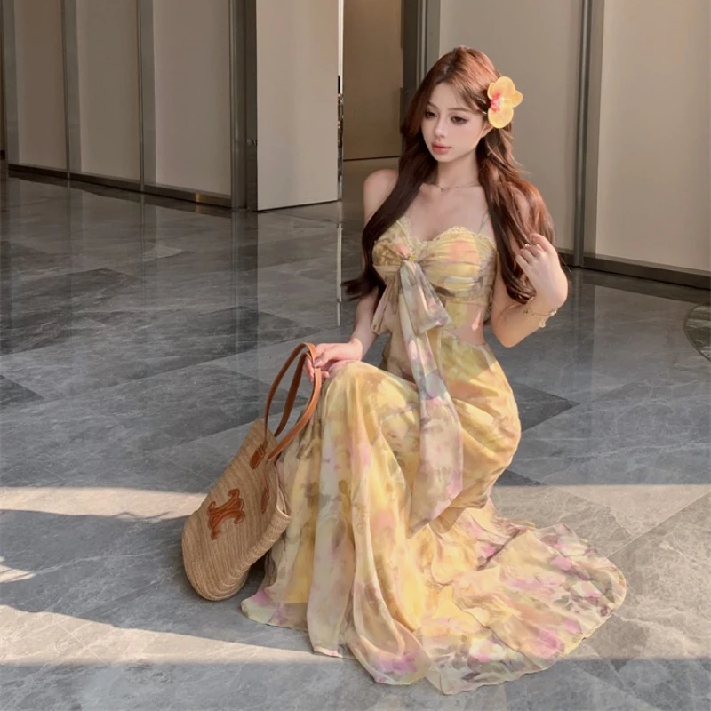 ลูกไม้เย็บปะติดปะต่อชีฟองพิมพ์สายรัดชุดผู้หญิงวันหยุดยาวเบาะตัดออกกลับ A-Line ชุดบริสุทธิ์จีบหน้าอกชุดหวาน