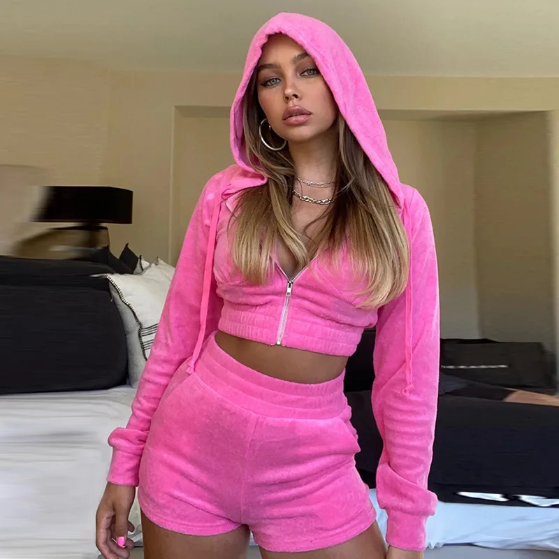 Pink Women Fall 2 Piece Set Hooded Sweatshirts Short Pants Outfits Long Sleeve Hoodies Pullover + Short Suits Solid Matching Set