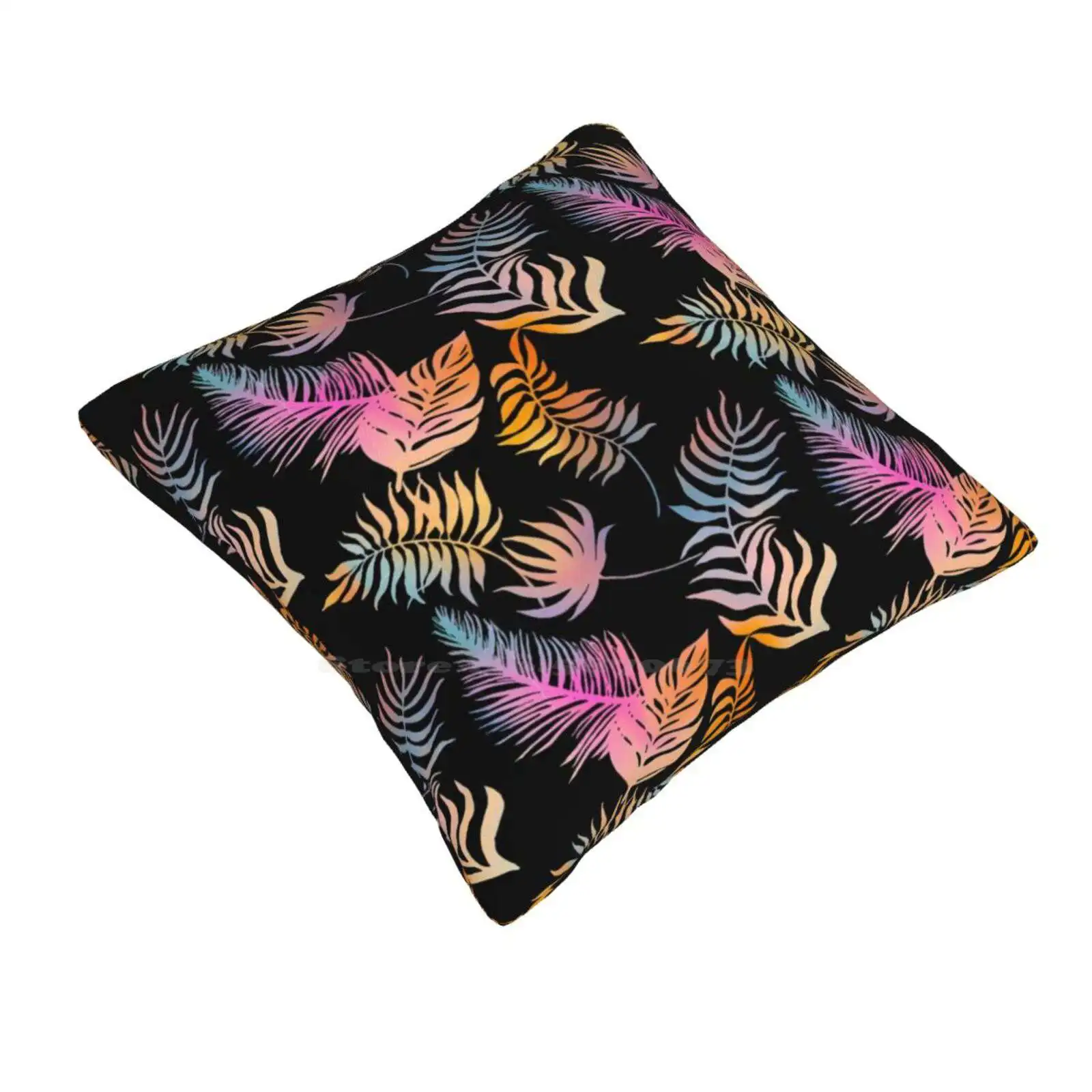 Fluor Colors Tropical Leaves Print Pattern Pink Yellow Blue Orange And Black Background Home Sofa Car Cushion Cover Pillowcase