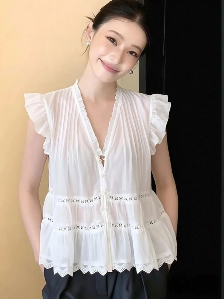 

V Neck Sweet White Blouse Women Loose Fashion Hollow Out Flying Sleeve Cute Shirt Summer Female Elegant Chic Ins Sexy Tops New