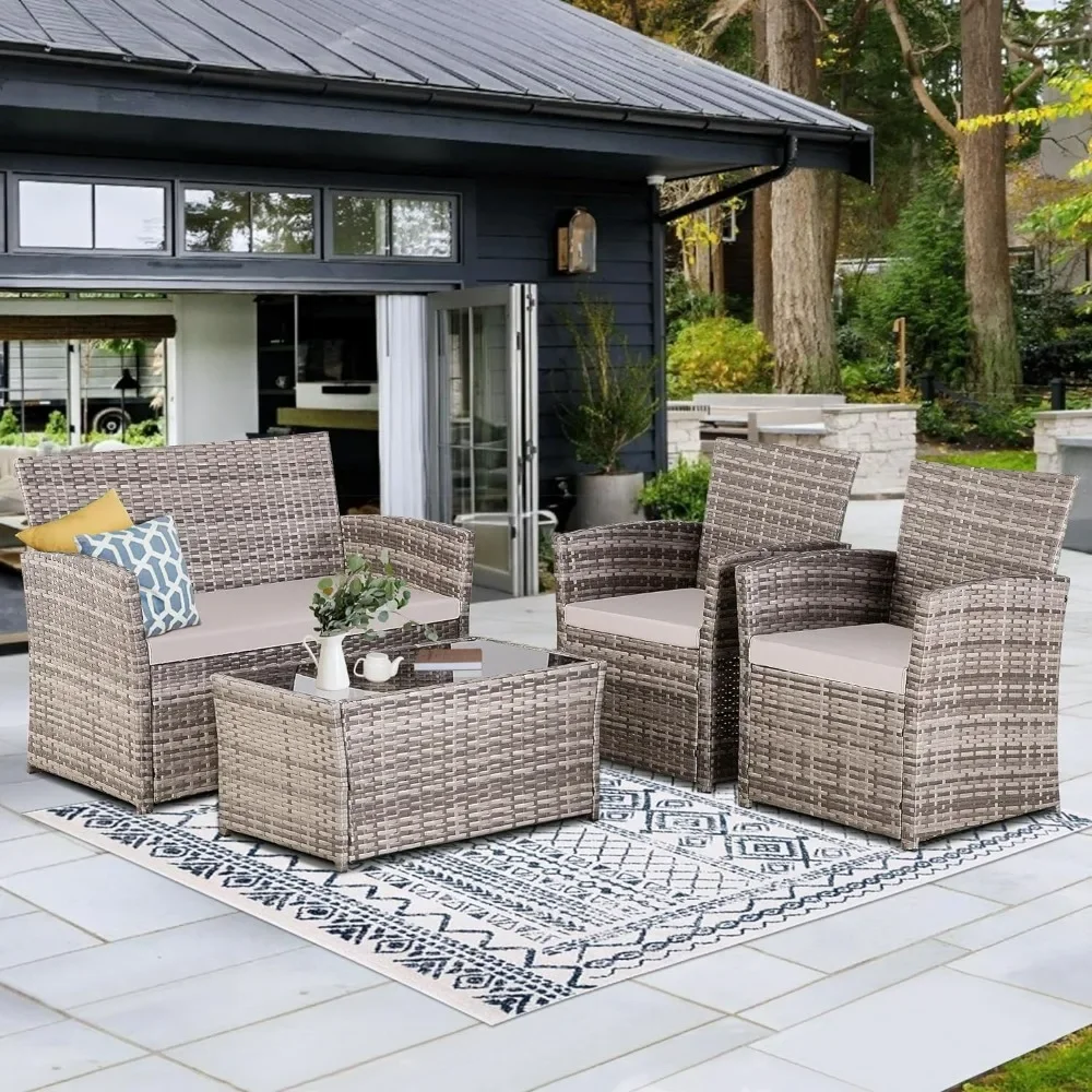 4 Piece Patio Furniture Set,Outdoor Wicker Conversation Sets,Rattan Sectional Sofa W/Coffee Table