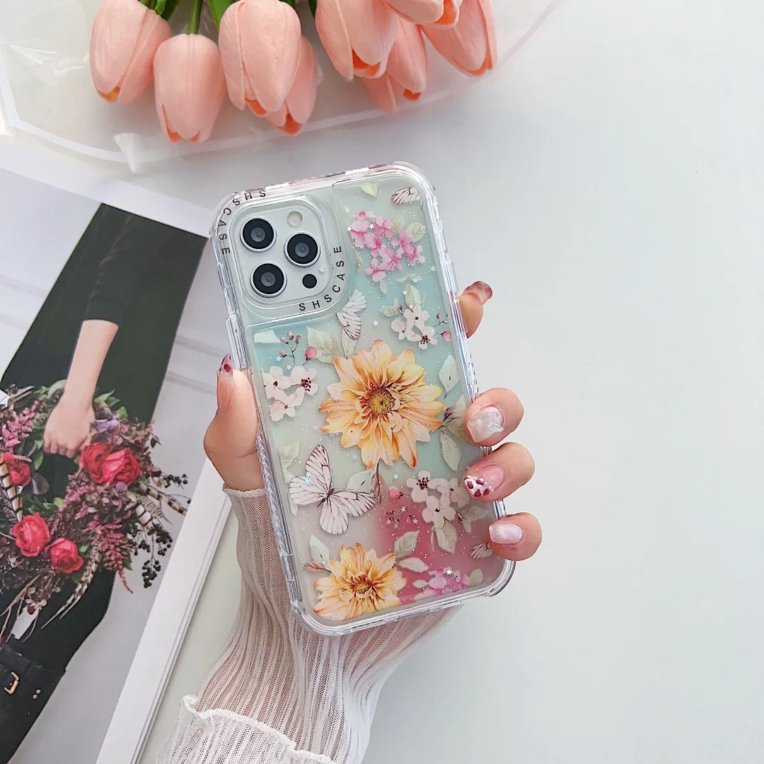 Shscase 360 Butterfly Flower Epoxy Glitter Shockproof Girls phone cases for Phone 14 13 12 Xs Max XR  PLUS