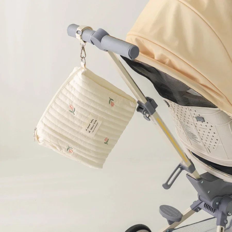 Cute Embroidery Cotton Baby Diaper Bag Newborn Diaper Storage Caddy Nappy Organizer Travel Stroller Hanging Bag Zipper Mommy Bag image 5