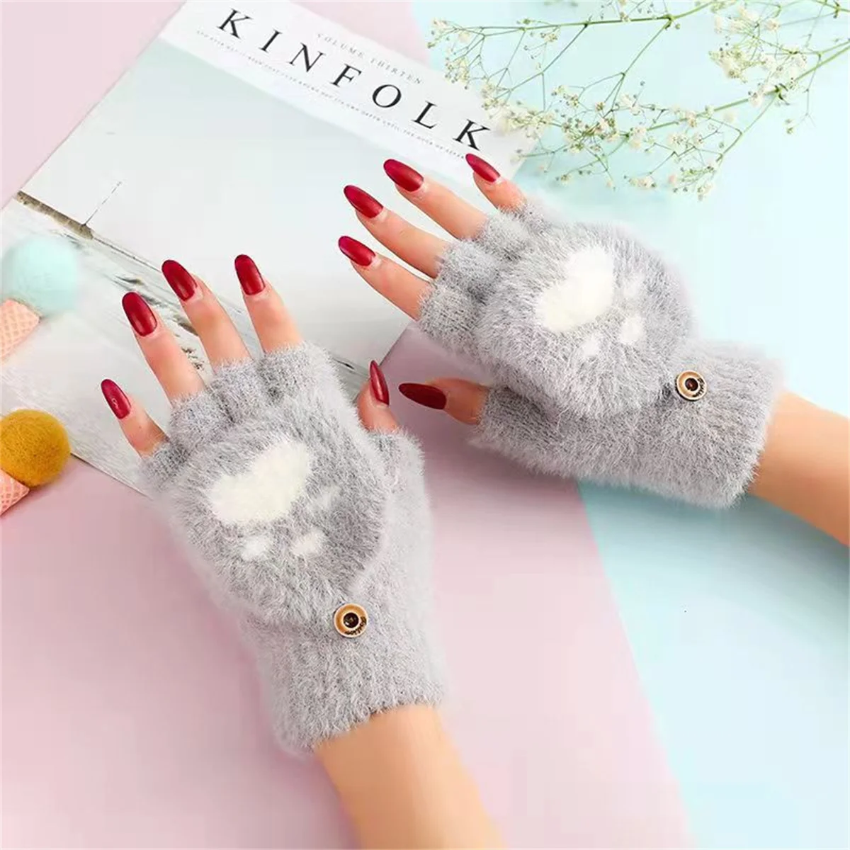 قفازات الدب باو فو المنك القطيفة على شكل مخلب القط نصف إصبع للطلاب، قطيفة حيوانات، كتابة شتوية، دافئة، نمط كرتوني، للبالغين