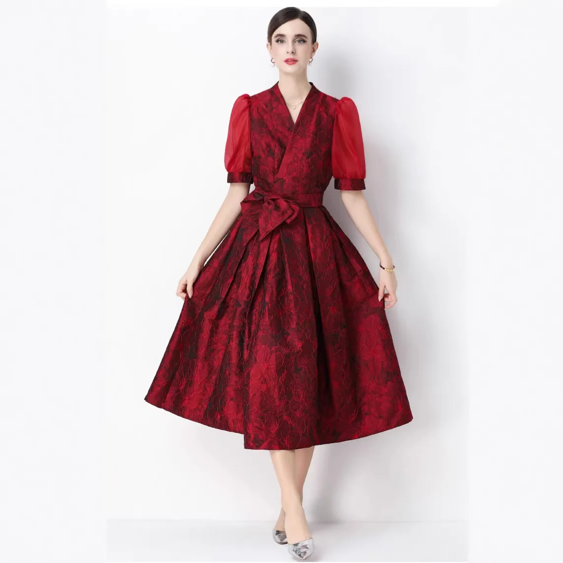 French Style Dress Women Summer V-Neck Short Sleeve Elegant Jacquard Long Evening Dresses