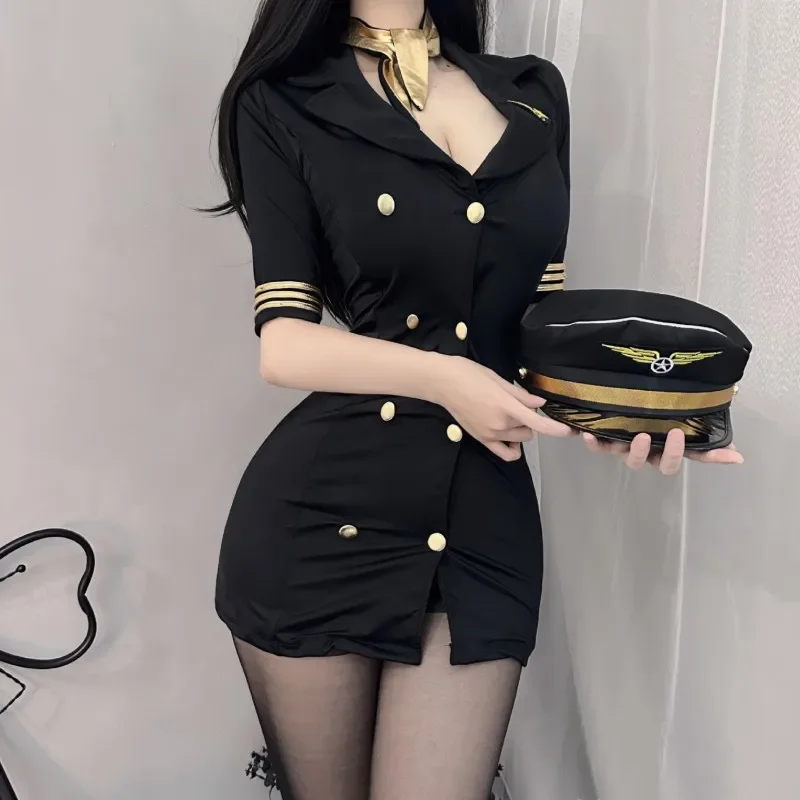 Aeromoça Uniforme para Mulheres, Lingerie Cosplay Sexy, Traje Erótico, Vestido Preto Sexo com Conjunto de Calcinha