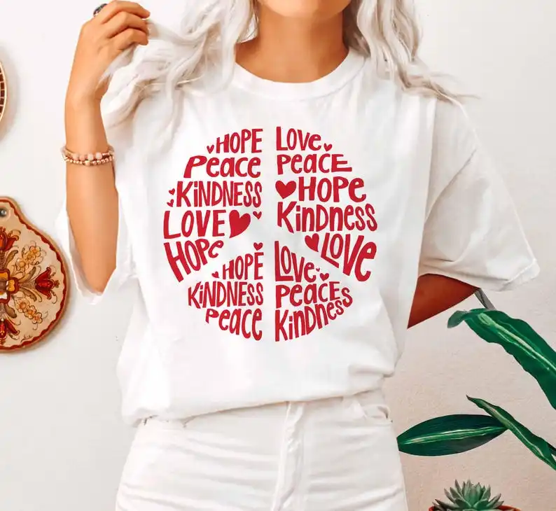 Hope Peace Kindness Love Shirt, Retro Peace Sign Heart Tee, Positive Message T-Shirt, Equality Kindness Matters Gift