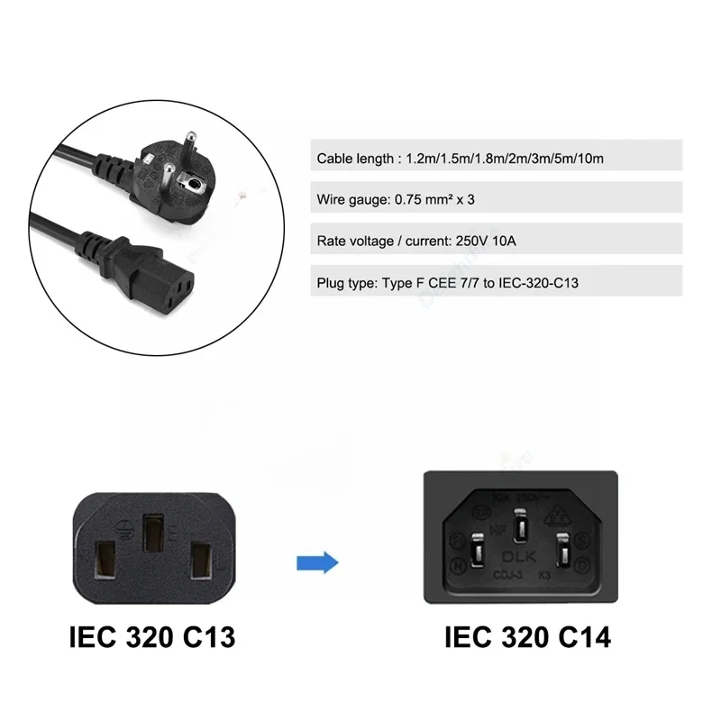 Sale EU/US Plug1.5m 5FT 3 Pin 18 AWG 60C 250V  Universal Power Cord Cable For NEMA 5-15P To IEC320C13 Black PWC75A150 EU/US
