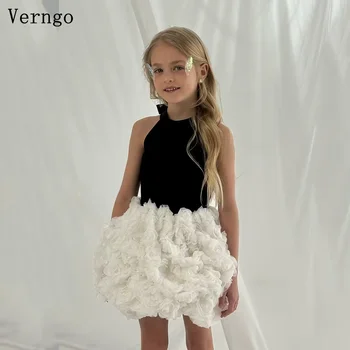 Verngo siyah kadife kız çiçekler elbiseler Halter A Line balo elbisesi plise çiçekler balo önlük çocuk Tutu elbise özelleştirilmiş