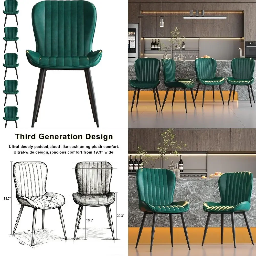 

Chairs Set of 6,Green Leather Dining Chair Upholstered,Kitchen Chair,Modern Dining Room Chairs with Black Metal Legs Frame for