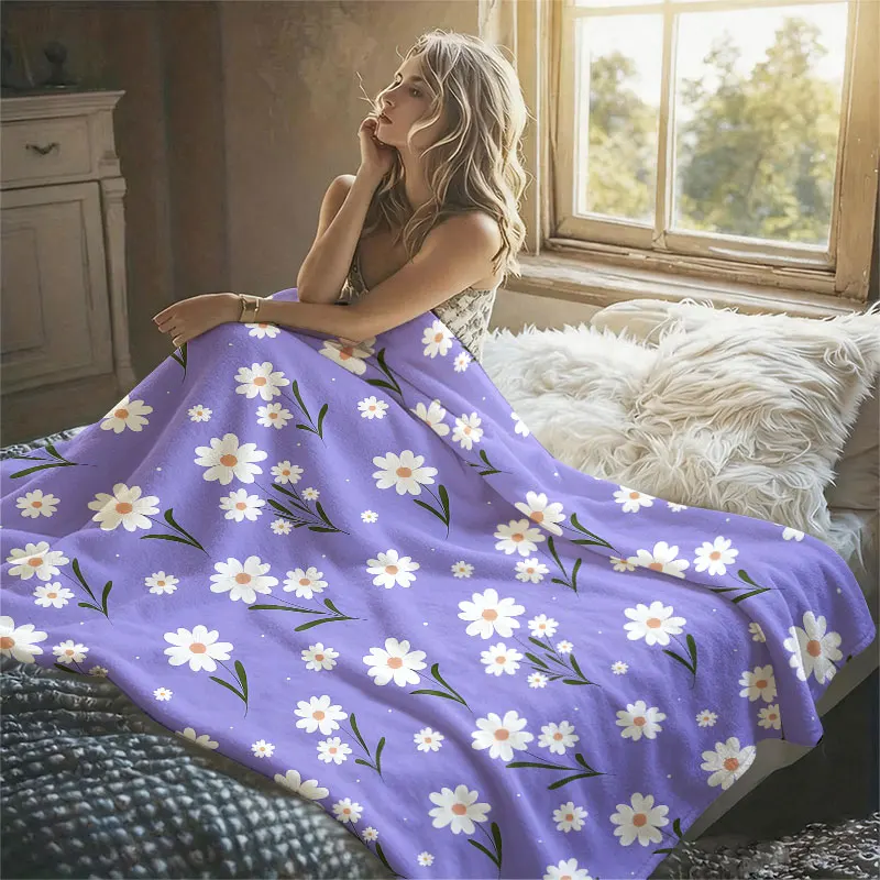 lavender daisy floral Flannel Blanket Warm Soft Halloween Christmas Decorative Couch Warm Cozy All-Season Gift