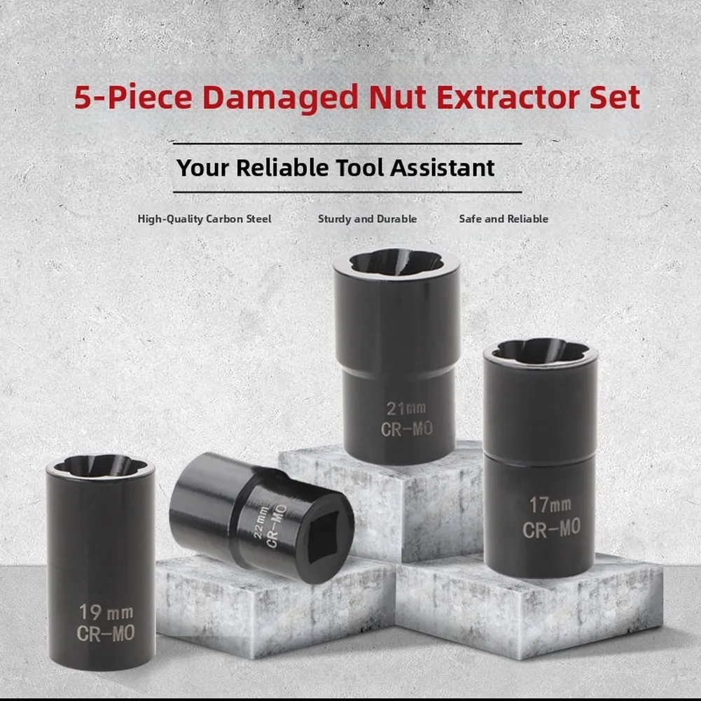 Chrome Steel Lug Nut Extractor Set 5pcs 17mm To 22mm With 1/2 Drive For Damaged Swollen Wheel Nuts Removal Garage Repair Tools