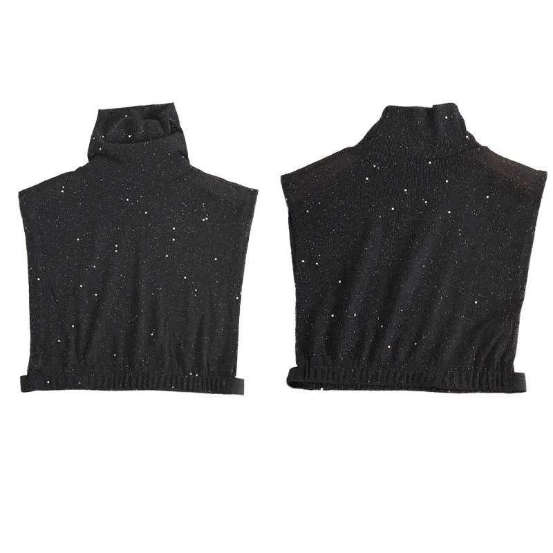 Women Decorative Mesh Fake Collar Mock Turtleneck Shiny Sequins for Rhinestone Half Shirt Summer Detachable Dickey Pullover Crop