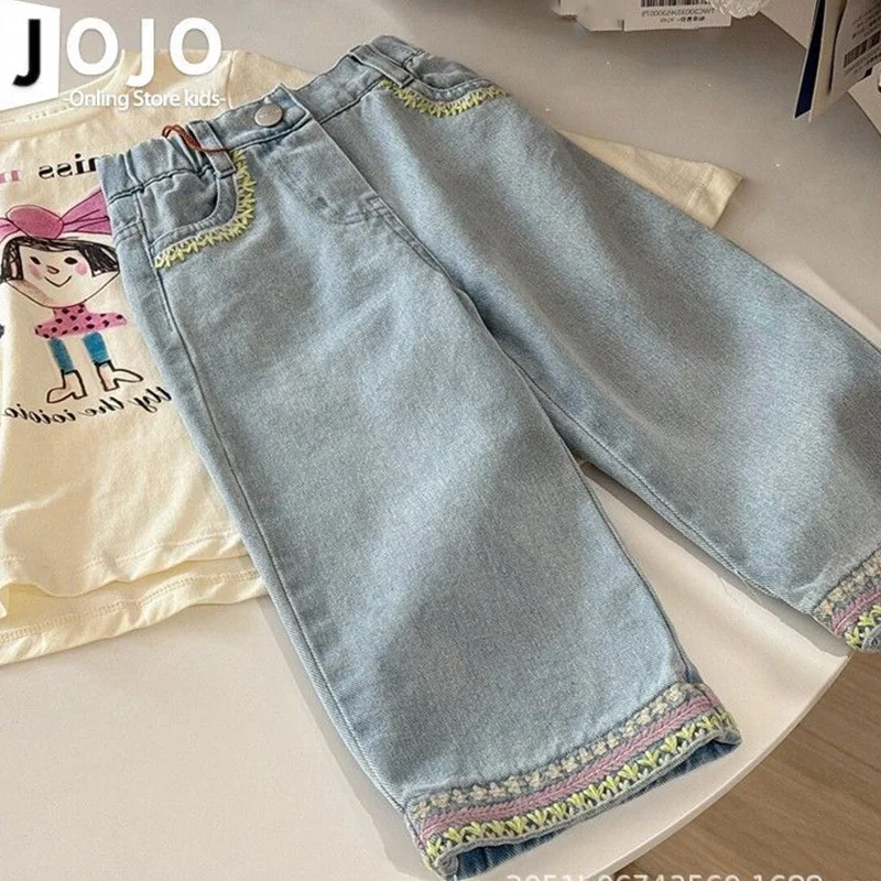 2-7Y Summer Girls Loose Solid Color Jeans Casual Pants Wide Pants Kids Girls Denim Pants