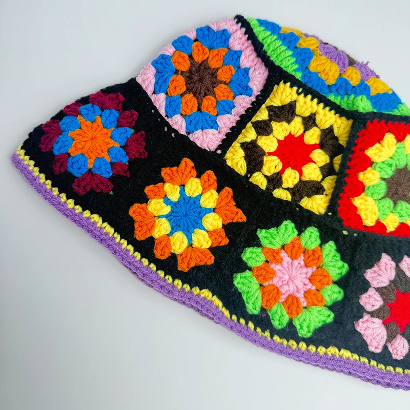 Handmade Crochet Bucket Hat Women Autumn Winter Flower Knit Beanies INS Korean Casual Beanies Panama Cap Fisherman Hat view 6