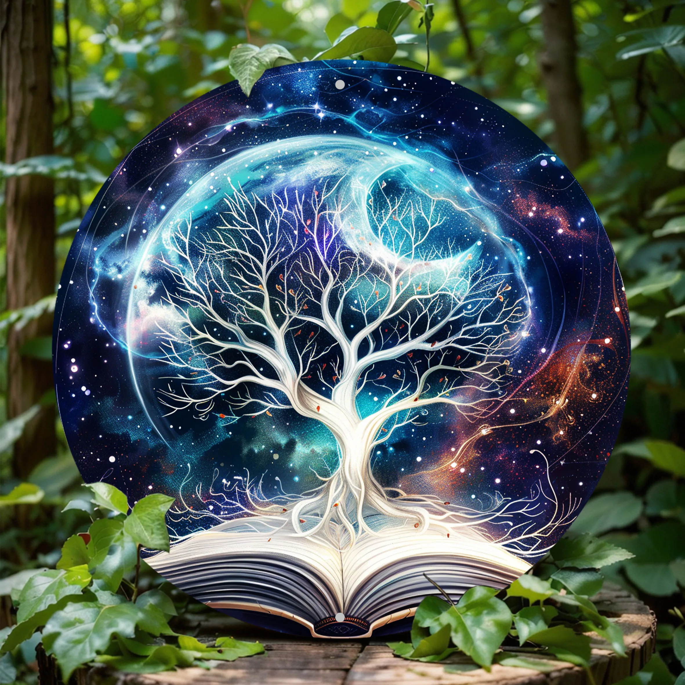 

Round Sign, Cosmic Tree On Magic Book Illustration, Office Garden Cafe Art, Ideal For Fantasy Lovers, Unique Thanksgiving Gift