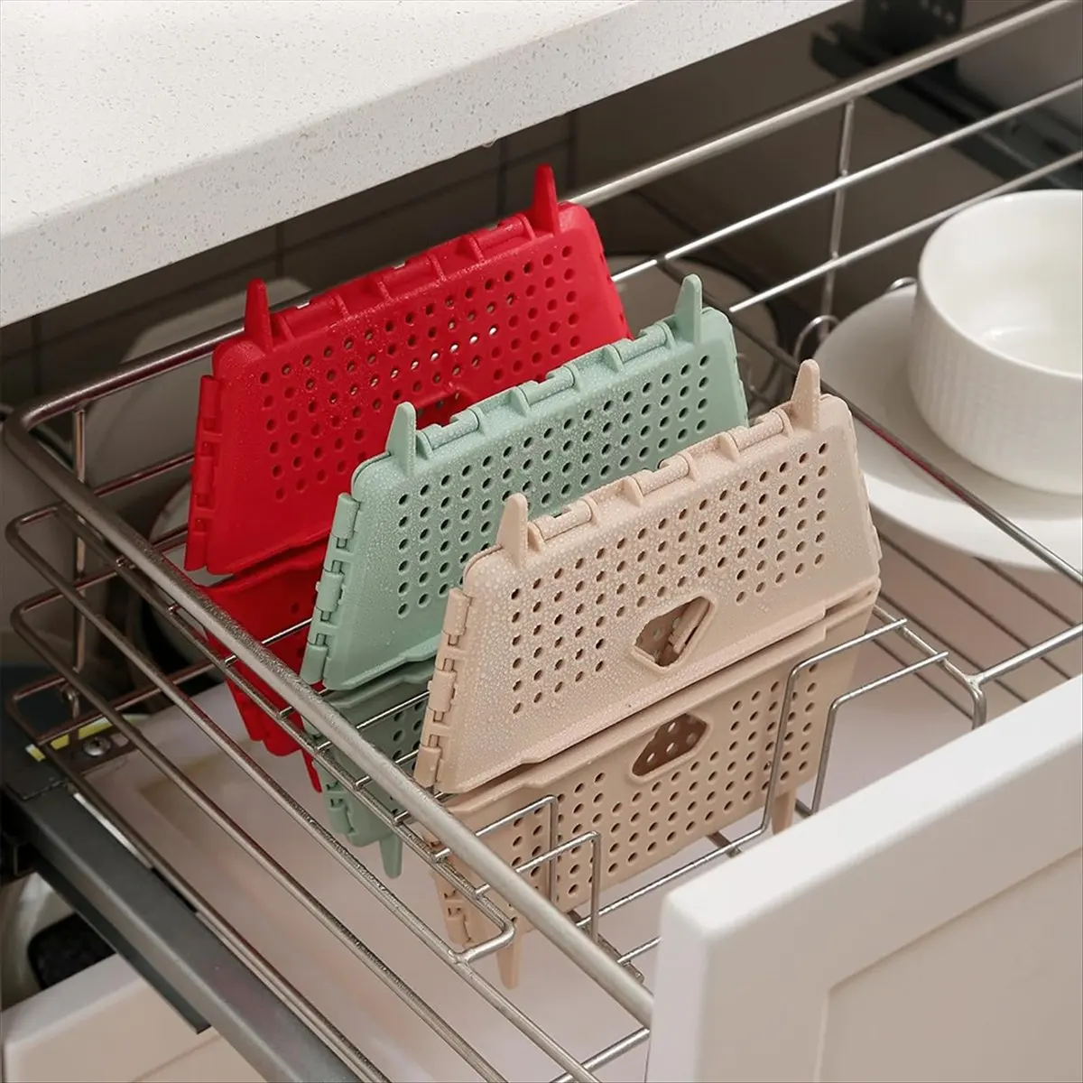 FOR HOME Plastic Colander - Foldable Drain Basket with Resting Feet - Kitchen Food Strainer - Space-Saving Green