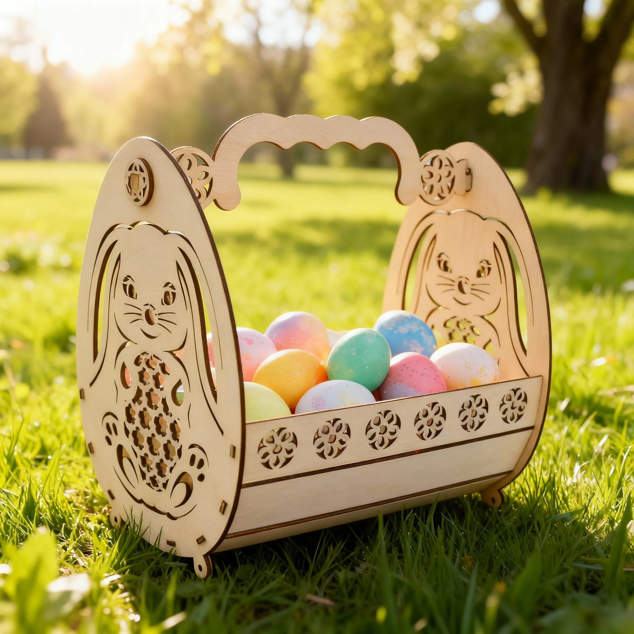 

Set of 4 Wooden Easter Baskets, Bunny Rabbit Chicken Laser-Cut Arch Storage Decor for Spring Holiday Party Gift Decoration