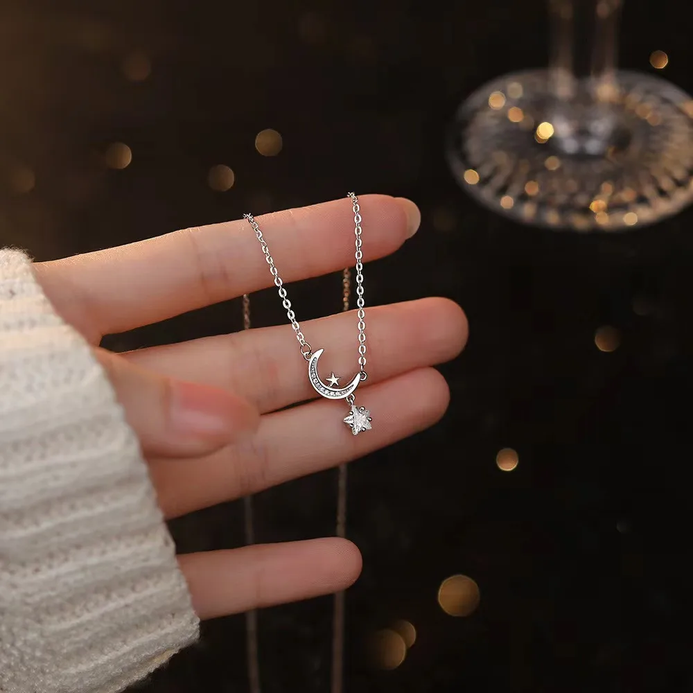 

S925 Sterling Silver Plated with 14K Gold Exquisite Star Moon Zircon Pendant Necklace Women Vintage Versatile Banquet Jewelry