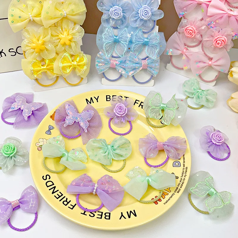 10Pcs/Set Girl Cute Flower Hair Bands Colorful Ponytail Holder Rubber Bands Children Soft Scrunchies Kids Hair Accessories