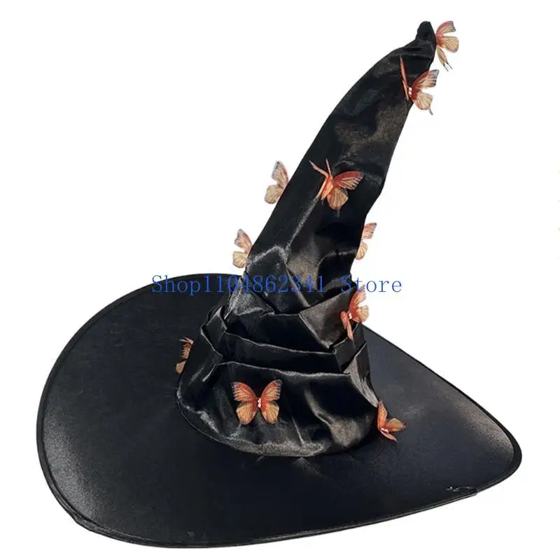 5asd Unisex Halloween Wizard Witch Hat with Butterfly Applique Wizard Hat Adult Teenager Cosplay Witch Festivals Party Tool