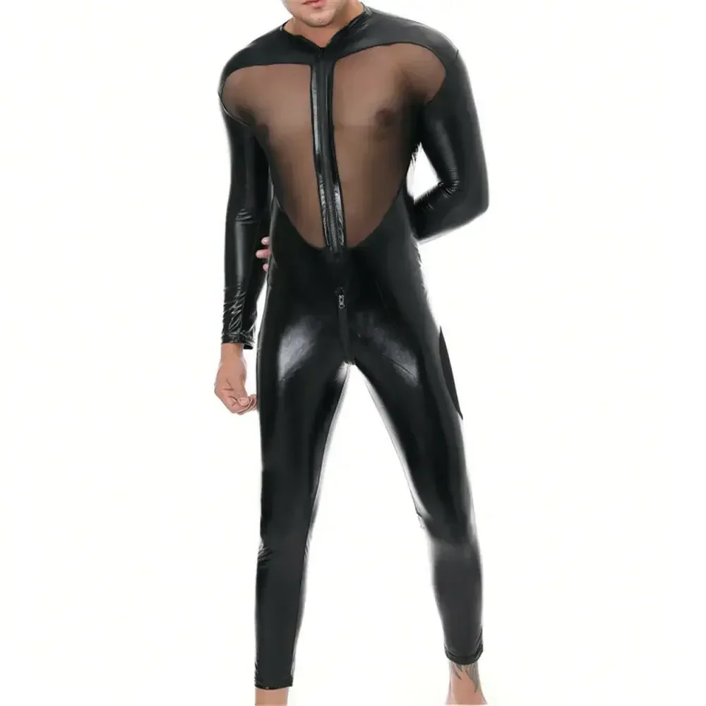 Bodysuits de couro erótico com zíper masculino, roupa de boate, macacão sexy de mangas compridas, macacão calça longa