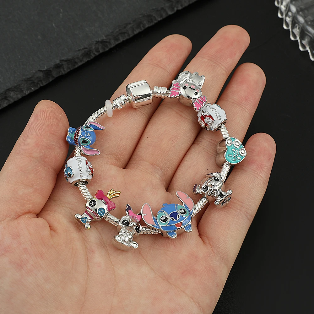 Disney Cartoon Lilo And Stitch Bracelet Stitch Inspired Charm Pendant Crystal Beads Bangle Accessories For Women Jewellry Gift