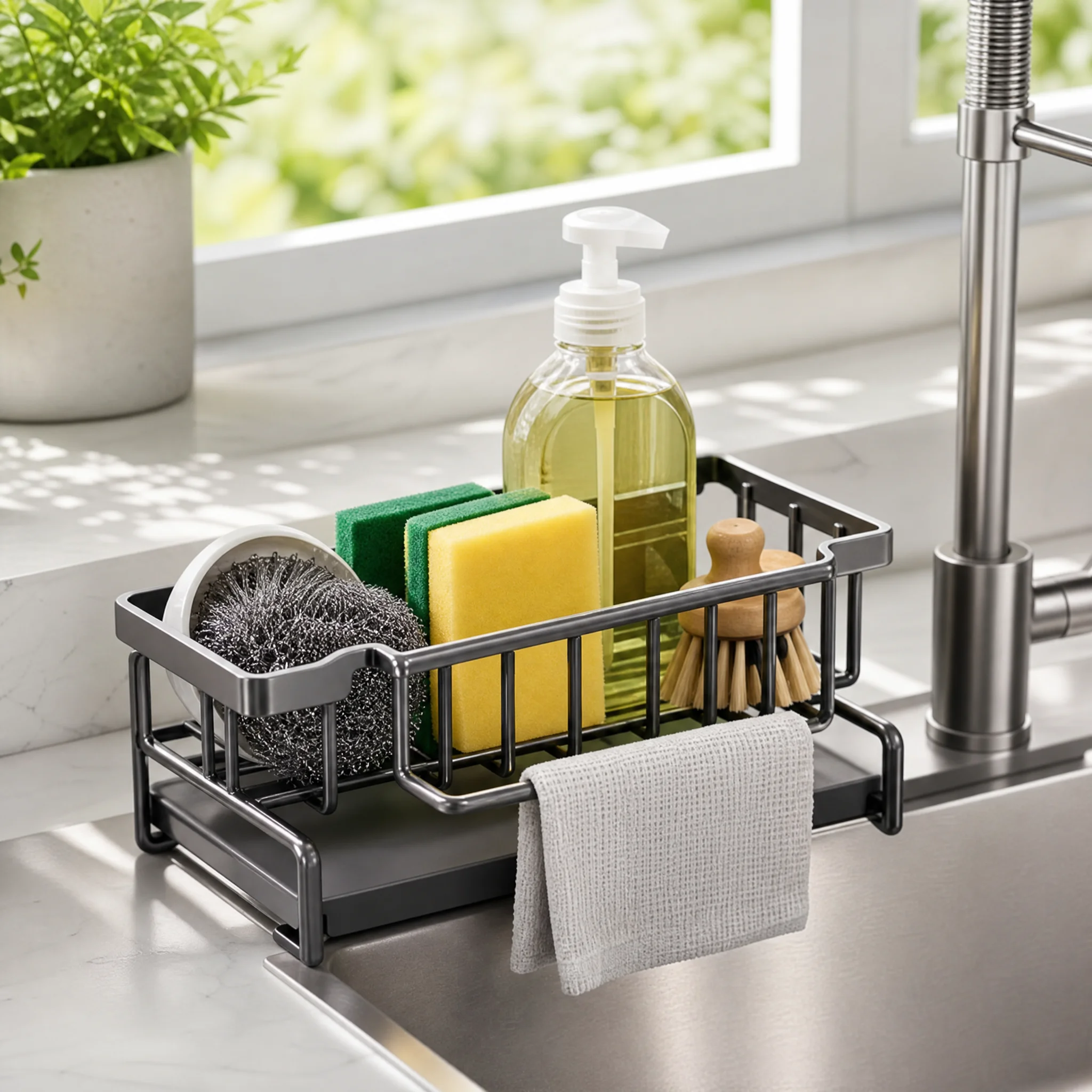 Kitchen Sink Organizer Rack Carbon Steel Sponge Holder Dish Soap Caddy with Towel Bar No Drilling Movable Rust-Proof Drainage Countertop Storage