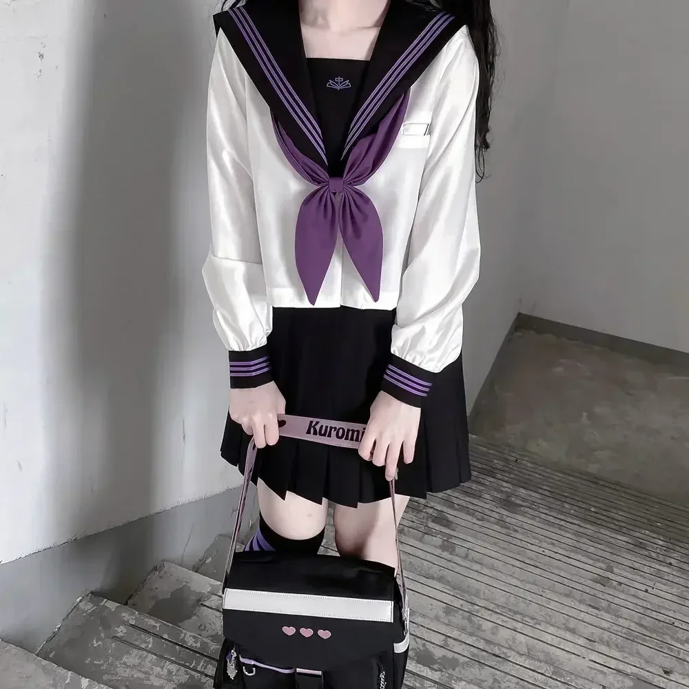 High School Girl Uniform Japanese Seifuku Sailor Suit Purple Tie Korean Student Kawaii JK Uniform Cosplay Black Leated Skirt