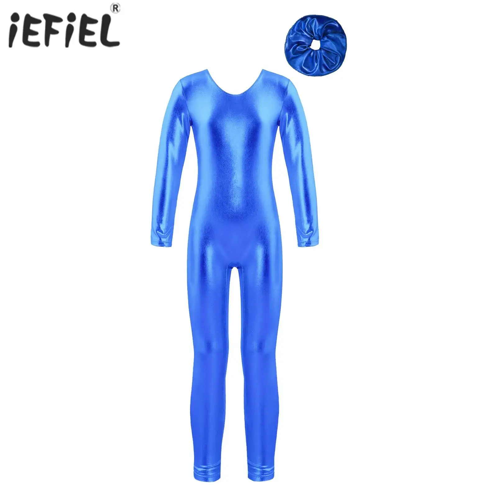 

Kids Girls Ballet Jumpsuit Metallic Dance Long Sleeve Gymnastics Leotard with Hair Tie Headwear for Figure Skating Performance