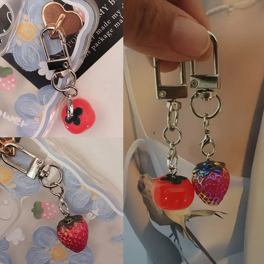 

2pc European and American Lifelike 3D Strawberry Persimmon Car Keychain Vintage Korean Bag Phone Pendant Women Men Unisex