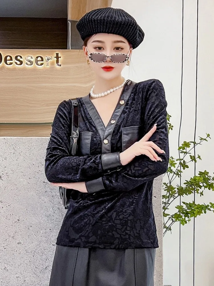 Mode Frauen Herbst Schwarz Neue Stil Samt Hemd Langarm V-ausschnitt Einreiher Arbeit Dame Casual Chic Weiche Tops Heißer Verkauf