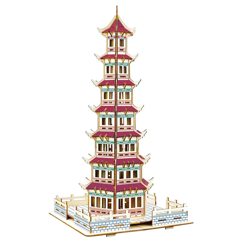 3D Wooden Puzzle DIY Toys Chinese Pagoda Leifeng Tower Ancient Building Hand Work For Children Girls Birthday Christmas Gift