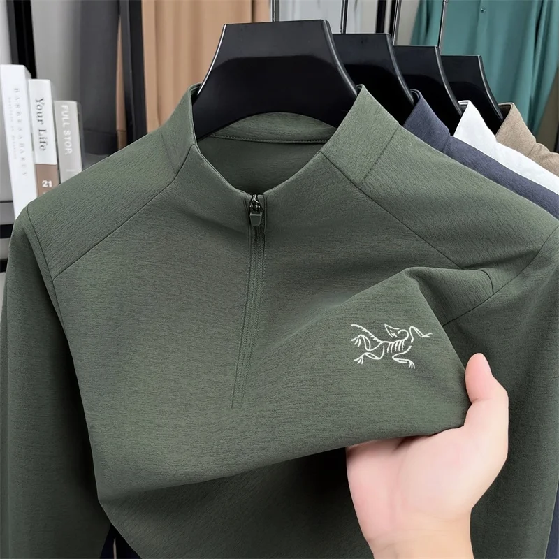 Fashion Trend Solid Color Men Half Zip Stand Collar Sweatshirt Autumn Long Sleeve Lightweight Pullover Tops Business Men's Wear