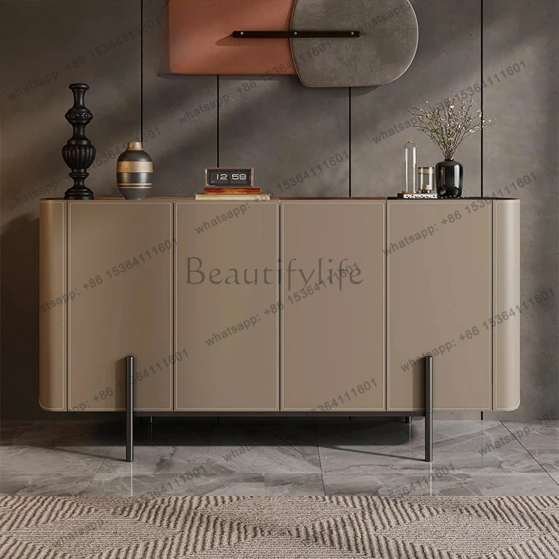 Saddle Leather Sideboard Cabinet Solid Wood Entryway Cabinet Wall-Mounted Chest of Drawers Tall TV Cabinet