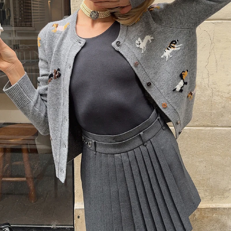 

Funny Animal Graphic Knitted Cardigan Long Sleeve Button Up Sweater Preppy Style Winter Vintage Jacquard Grey Cute Tops
