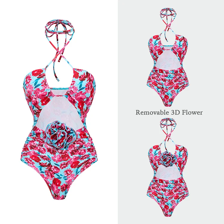 2024 New Swimsuit Halter Floral Print One Piece Swimwear Women  Vacation Beachwear Luxury Bathing Suit Sexy Bikini two piece